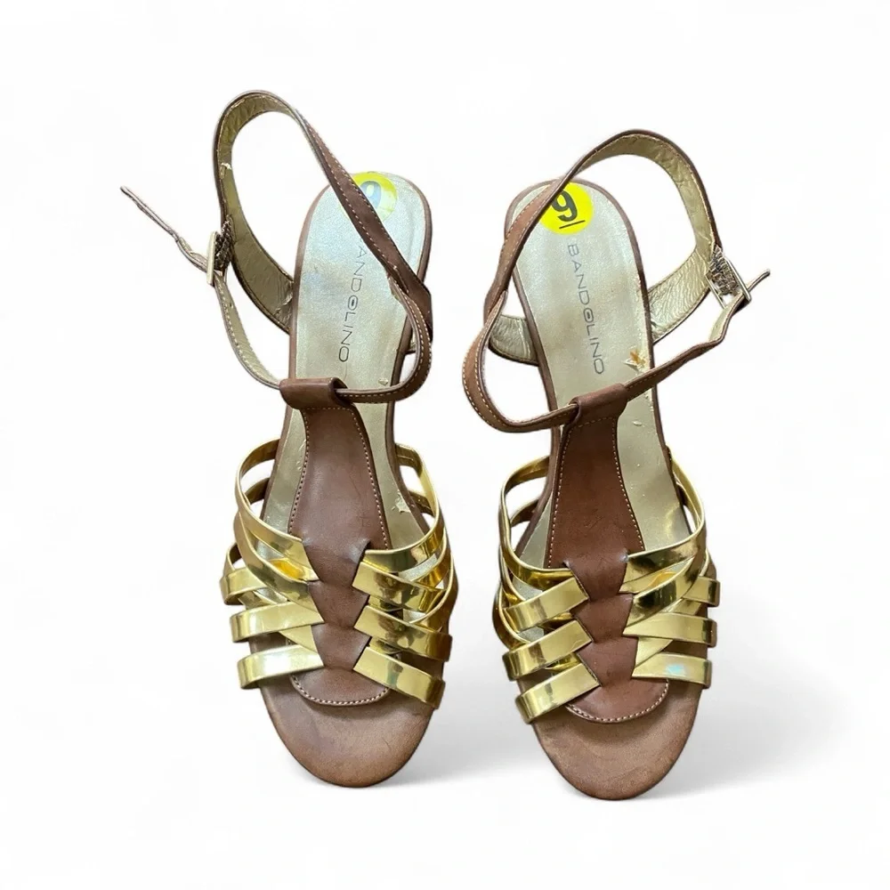 Bandolino Gold and Brown Wedge Sandals Size 9